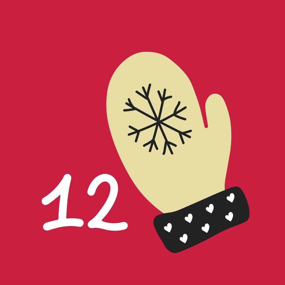 Christmas advent calendar in the style of minimalism, flat lay. Day 12 with golden mitten on pink background vector