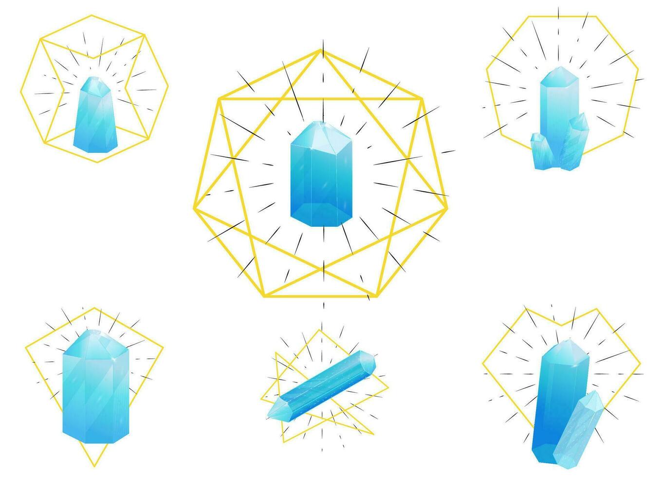 conjunto de brillante cuarzo cristales dentro un oro marco a blanco antecedentes vector