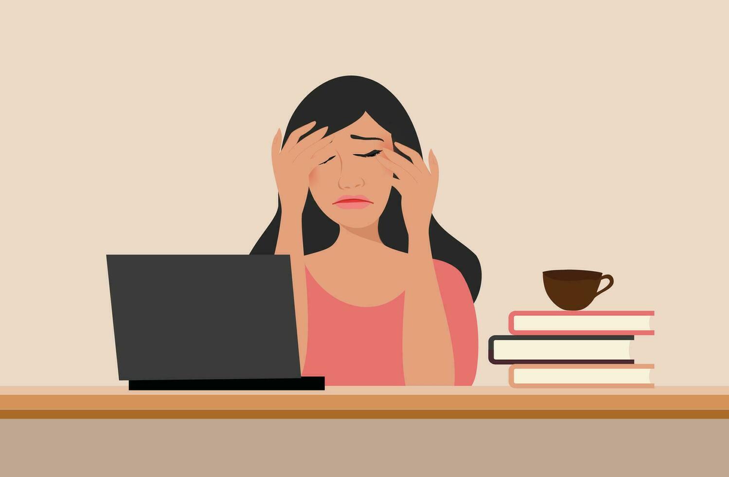 Stressed businesswoman working hard in office. Headache and exhausted vector illustration