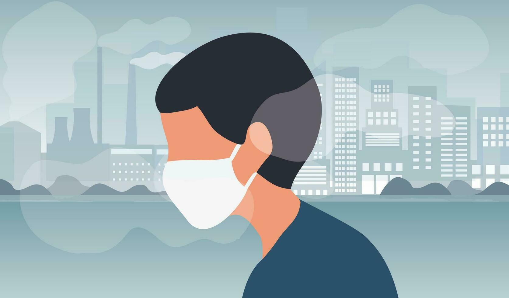 personas vistiendo cara mascaras colina proteger fumar, pm 2.5, polvo y aire contaminación en ciudad, fábrica tubería y industrial niebla tóxica vector ilustración. ambiente y aire contaminación concepto antecedentes