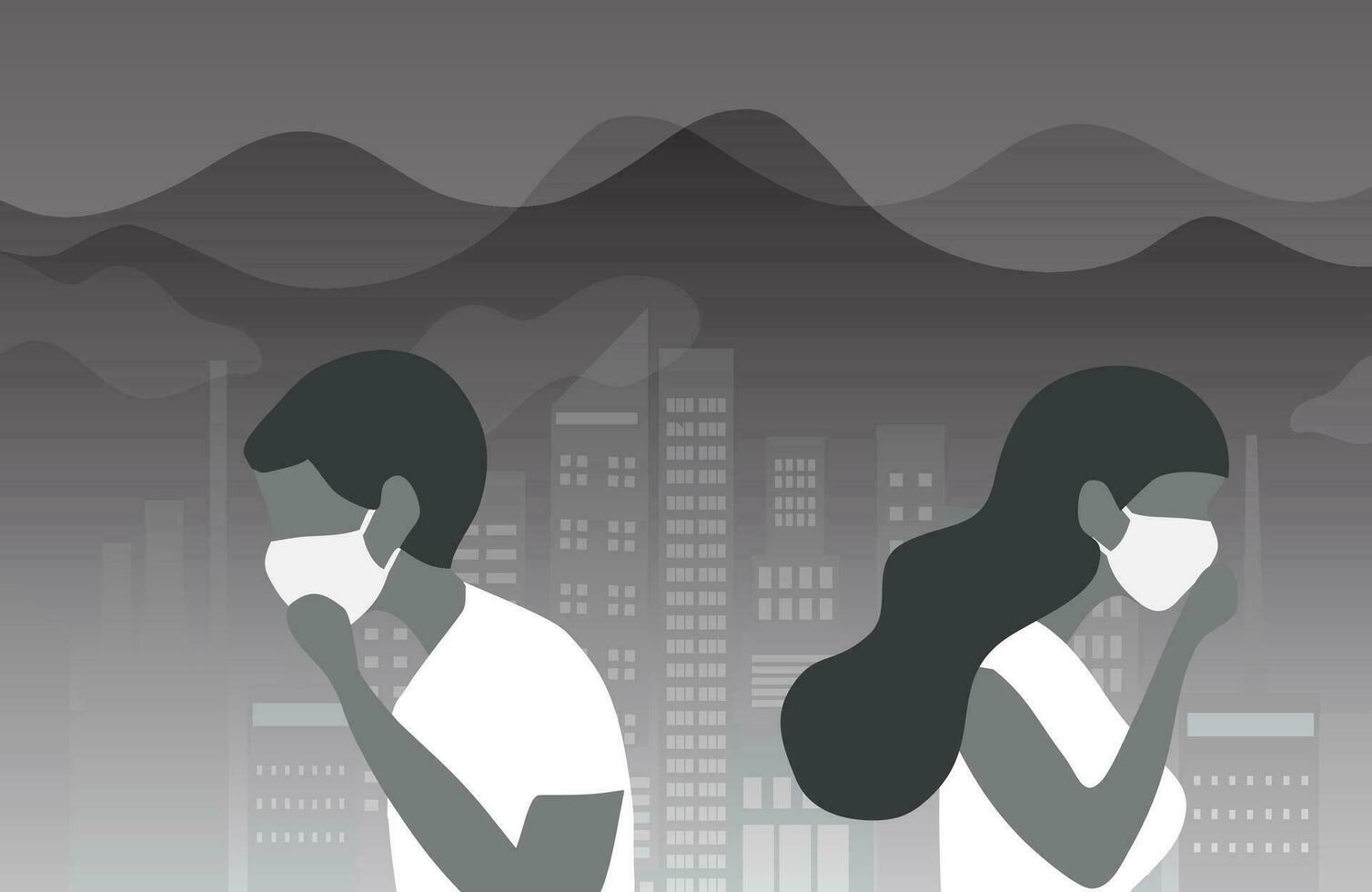 People wearing face masks to protect smoke, pm 2.5, dust and air poll wearing face masks tor protect smoke, pm 2.5, dust and air pollution in city, factory pipes and industrial smog vector