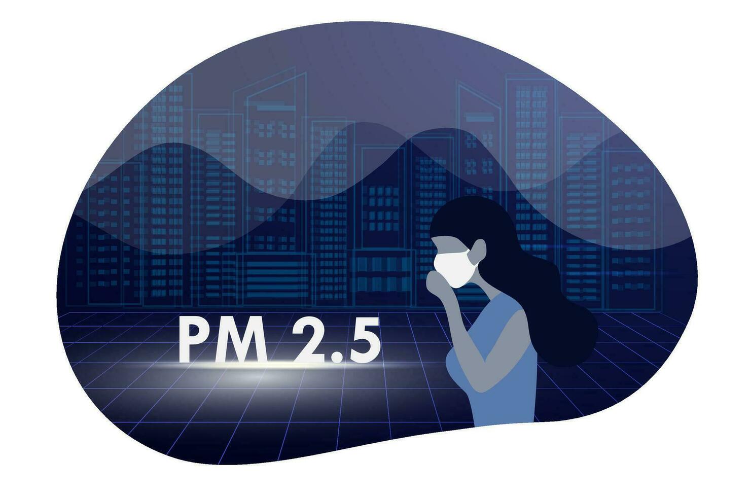 Woman wearing face masks to protect smoke, pm 2.5, dust and air poll wearing face masks tor protect smoke, pm 2.5, dust and air pollution in city, factory pipes and industrial smog vector illustration