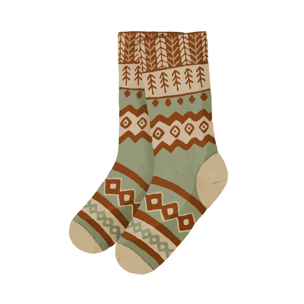 Winter knitted socks with herringbone patterns. Hand drawn illustration isolated on white vector