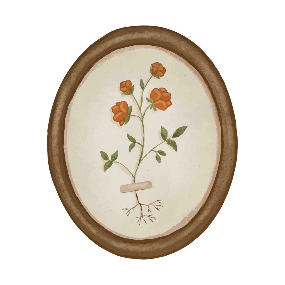 Vintage oval painting with dried abstract flower glued on sticky tape. Herbarium. Hand drawn texture illustration isolated on white vector