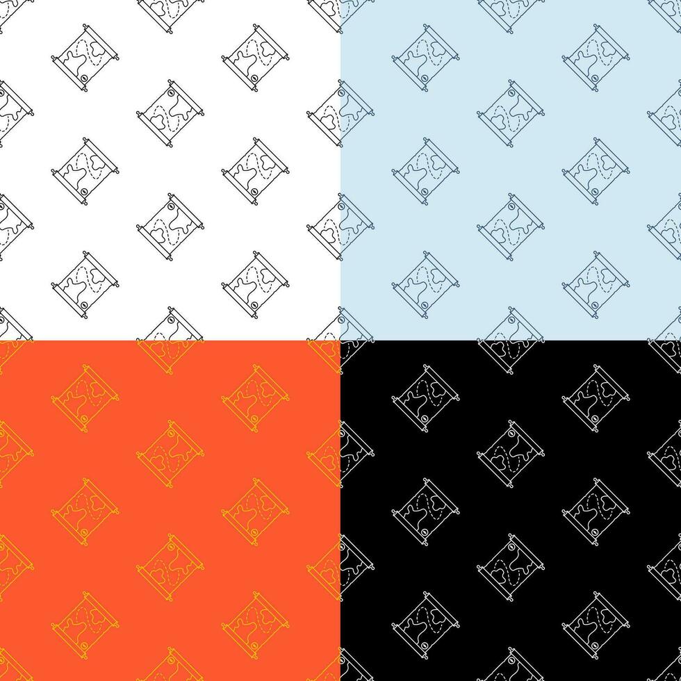 set of seamless patterns with old map icon. Medieval letters and pirate treasure maps. Ornament for decoration and printing on fabric. Design element. Vector