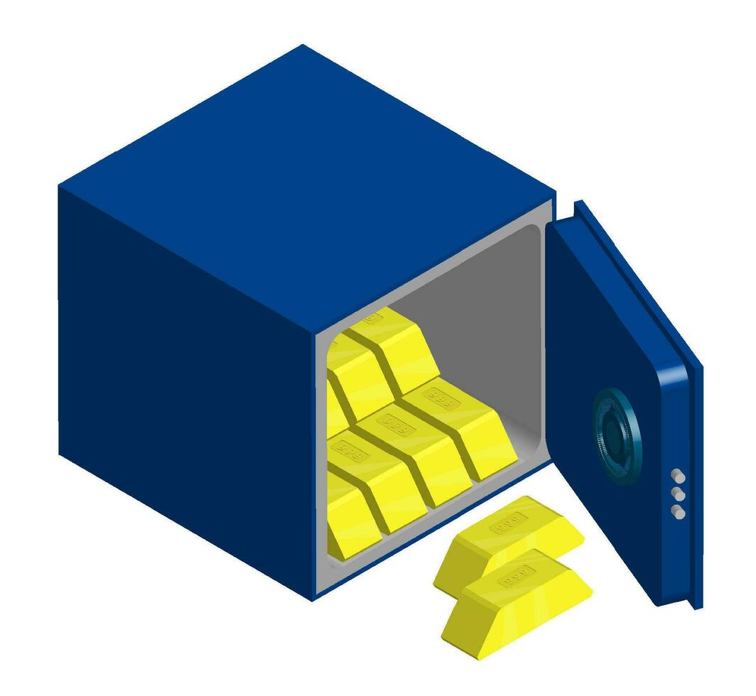 Open steel safe with golden bullions. Stacks of precious metal. Isometric 3d vector