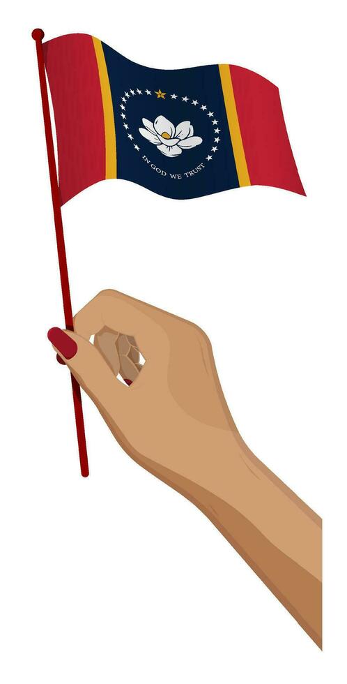 Female hand gently holds small flag of american state of Mississippi. Holiday design element. Cartoon vector on white background