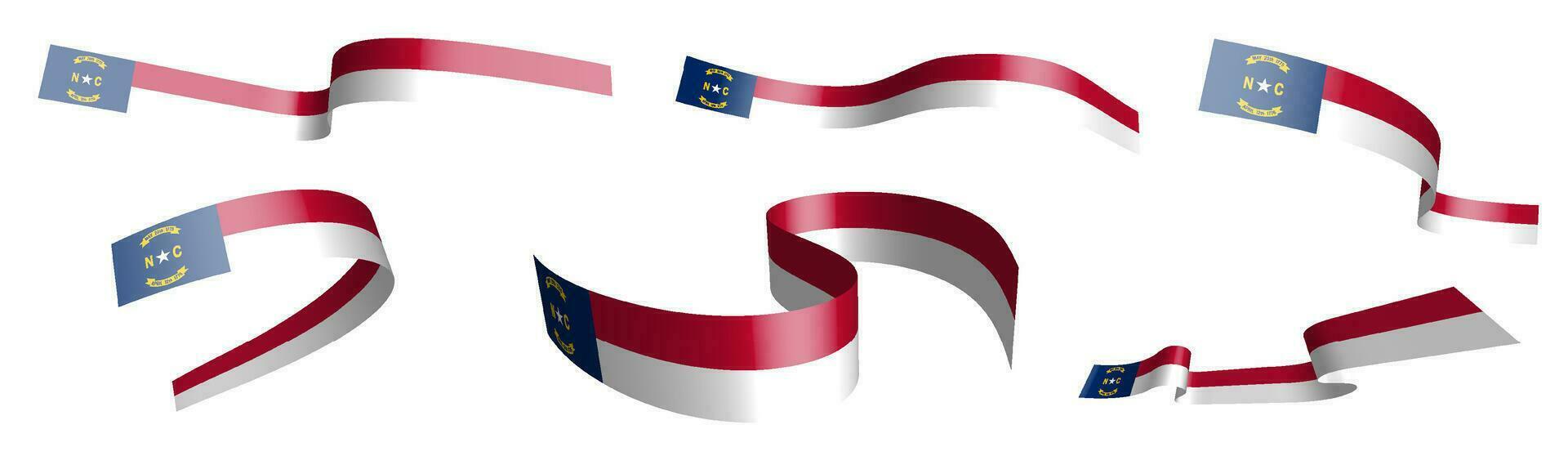 Set of holiday ribbons. Flag of american state of North Carolina waving in wind. Separation into lower and upper layers. Design element. Vector on white background