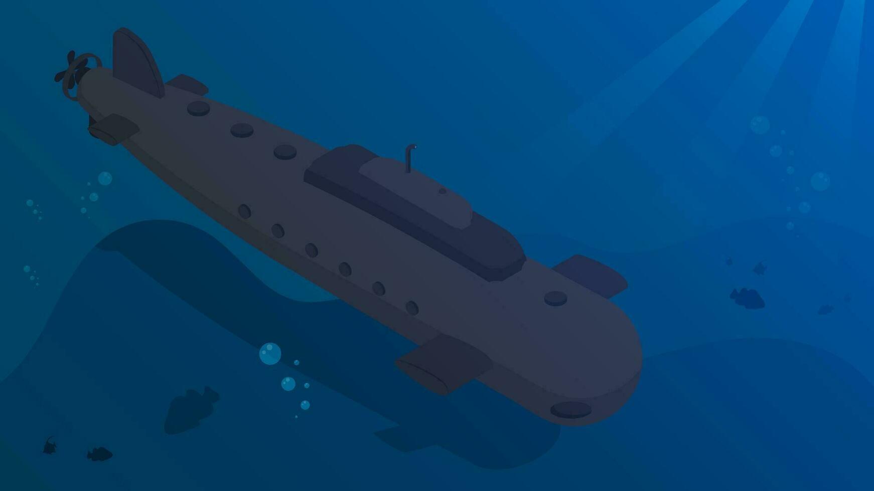 military combat submarine quietly descends to bottom of ocean to carry out combat mission. Nuclear Navy. Vector