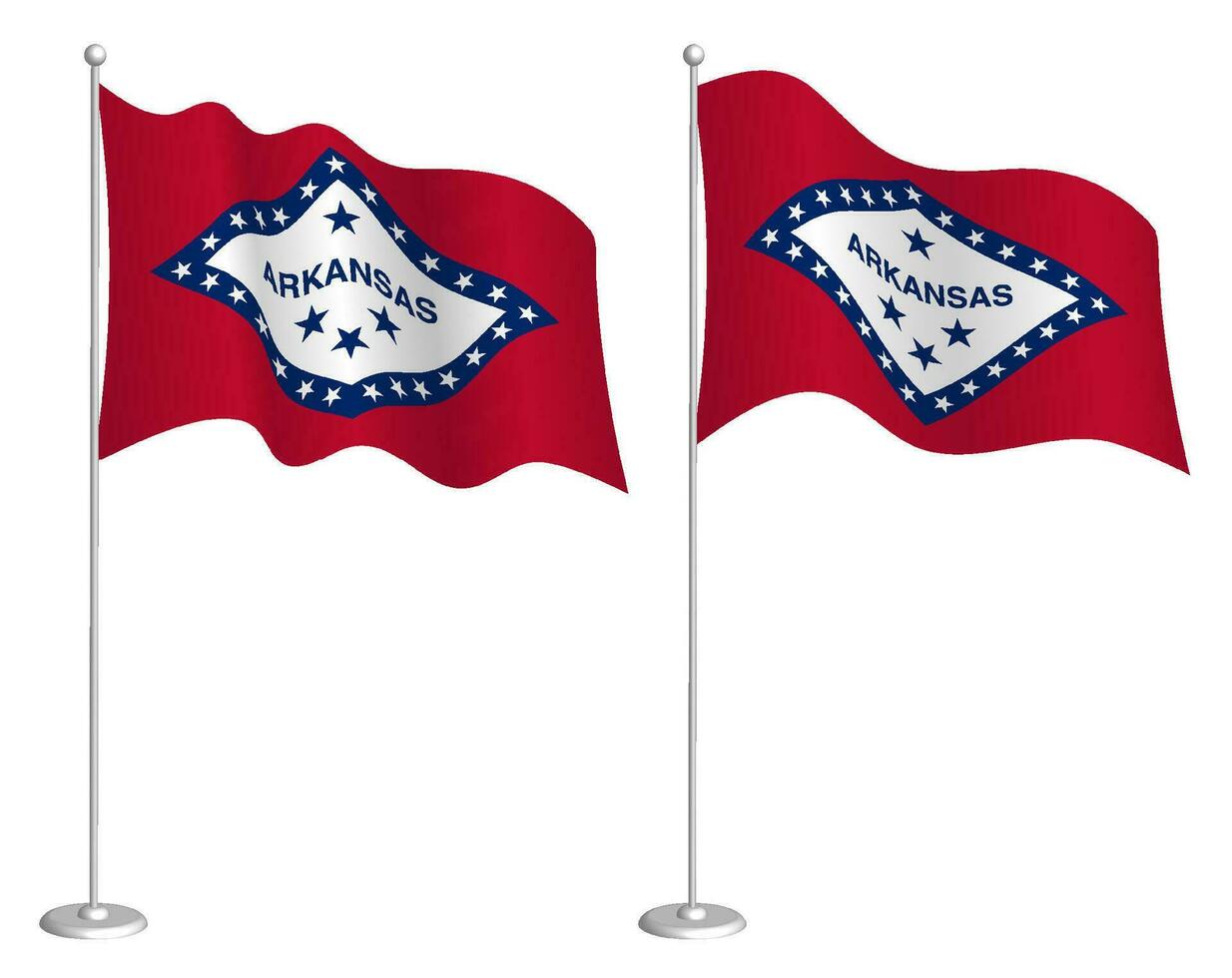 flag of american state of Arkansas on flagpole waving in wind. Holiday design element. Checkpoint for map symbols. Isolated vector on white background
