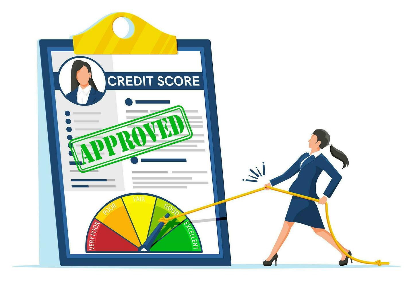 Businesswoman Changing Personal Credit Information. Woman Pushing Arrow to Make Credit History Better. Women Improves Creditworthiness, Credit Score, Approval Solvency. Flat Vector Illustration