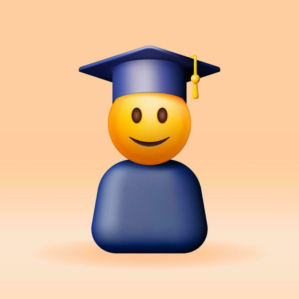 3D Happy Smiling Emoticon in Graduate Cap Isolated. Render Smile Student in Graduation Hat. Mortarboard Hat with Tassel. Education, Degree Ceremony Concept. Vector Illustration