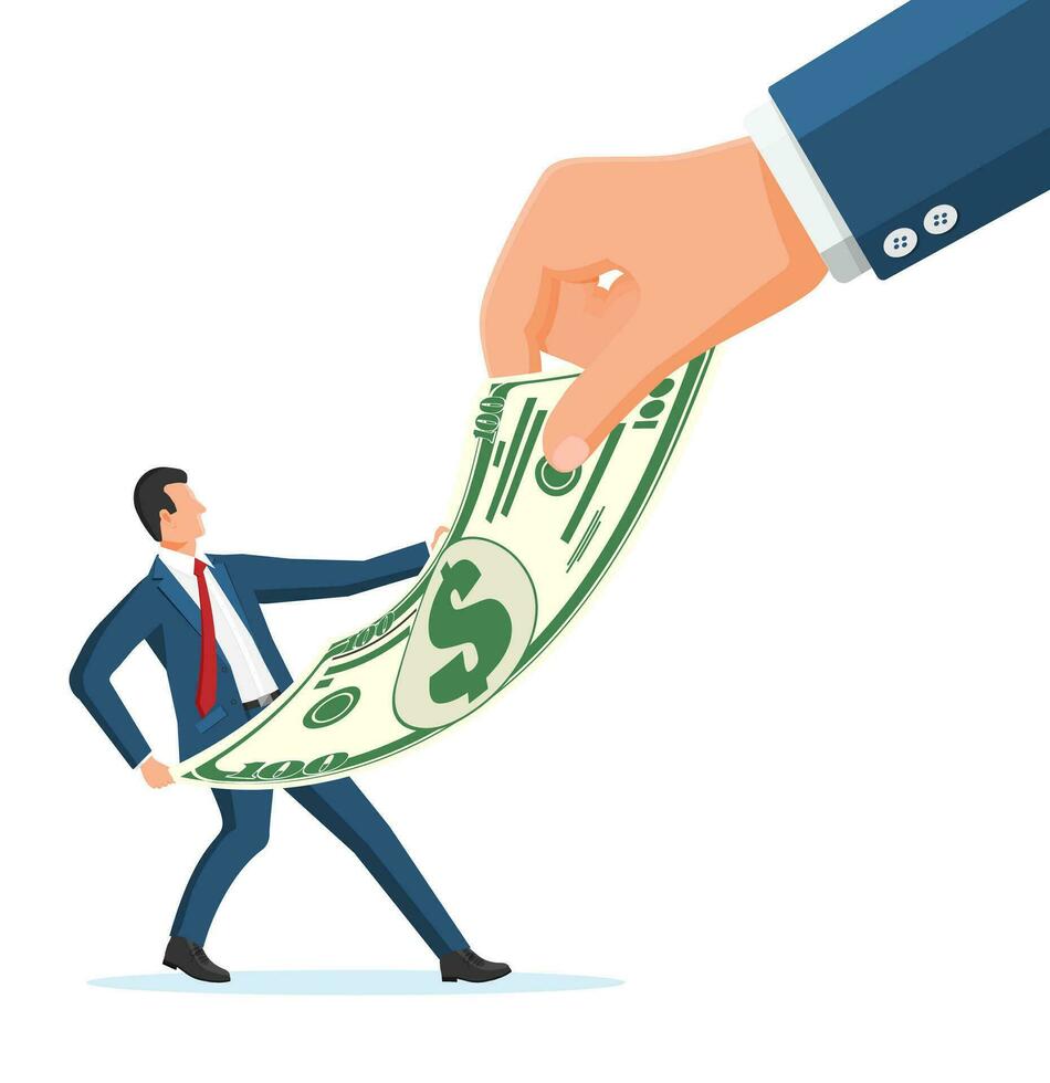 Hand Tries to Grab the Dollar Banknote from Businessman. Stealing money, Tax, Debt, Fee, Crisis and Bankruptcy. Protection, Banking, Property. Vector Illustration in Flat Style
