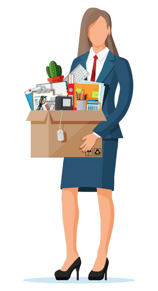 mujer de negocios Moviente a nuevo oficina. cartulina caja con carpeta, documento papel, contrato, calculadora, bolígrafo lápices, los anteojos, libro, anillo aglutinante teléfono. teclado, ratón cactus. plano vector ilustración