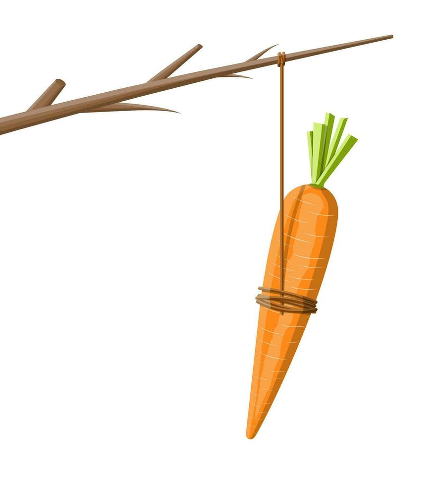 Carrot on a stick. Motivation, stimulus, incentive and reaching goal concept metaphor. Fishing wooden stick with hanging carrot vector