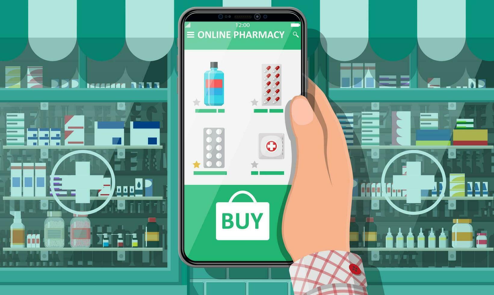 Hand holding mobile phone with internet pharmacy shopping app. Pharmacy shop facade. Medical assistance, help, support online. Health care application on smartphone. Vector illustration in flat style