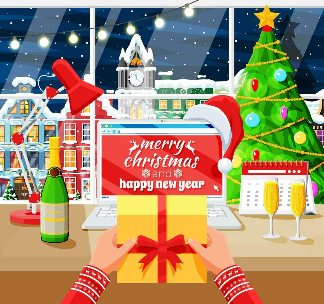 Christmas and New Year Office Desk Workspace Interior. Gift Box, Christmas Tree, Laptop, Lamp, Champagne, Cityscape. New Year Decoration. Merry Christmas Holiday Xmas Celebration. Vector illustration