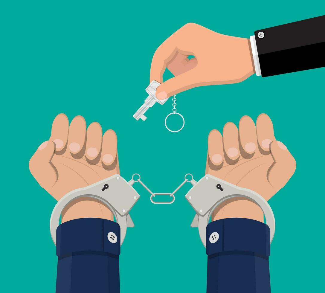 Hand with key unlocking handcuffs. Break free. Freedom concept. End of arrest. Prisoner release. Vector illustration in flat style