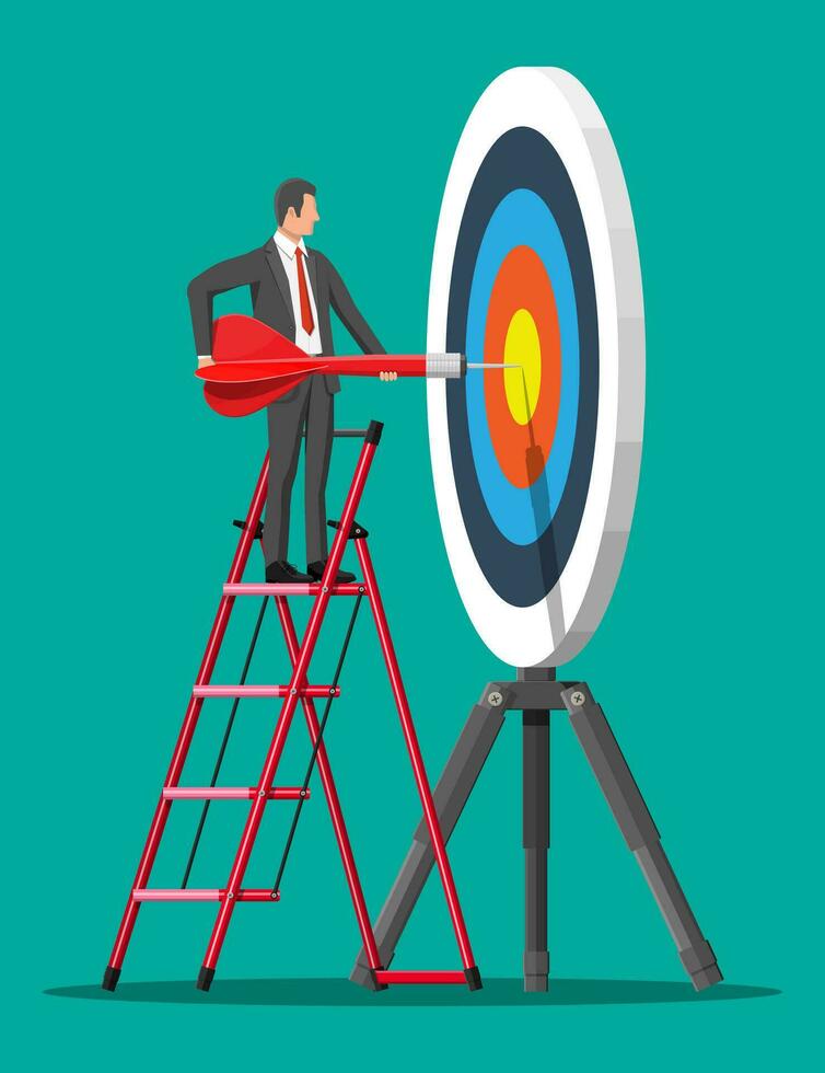 Businessman on stepladder aim arrow to target. Goal setting. Smart goal. Business target concept. Career ladder. Achievement and success. Vector illustration in flat style