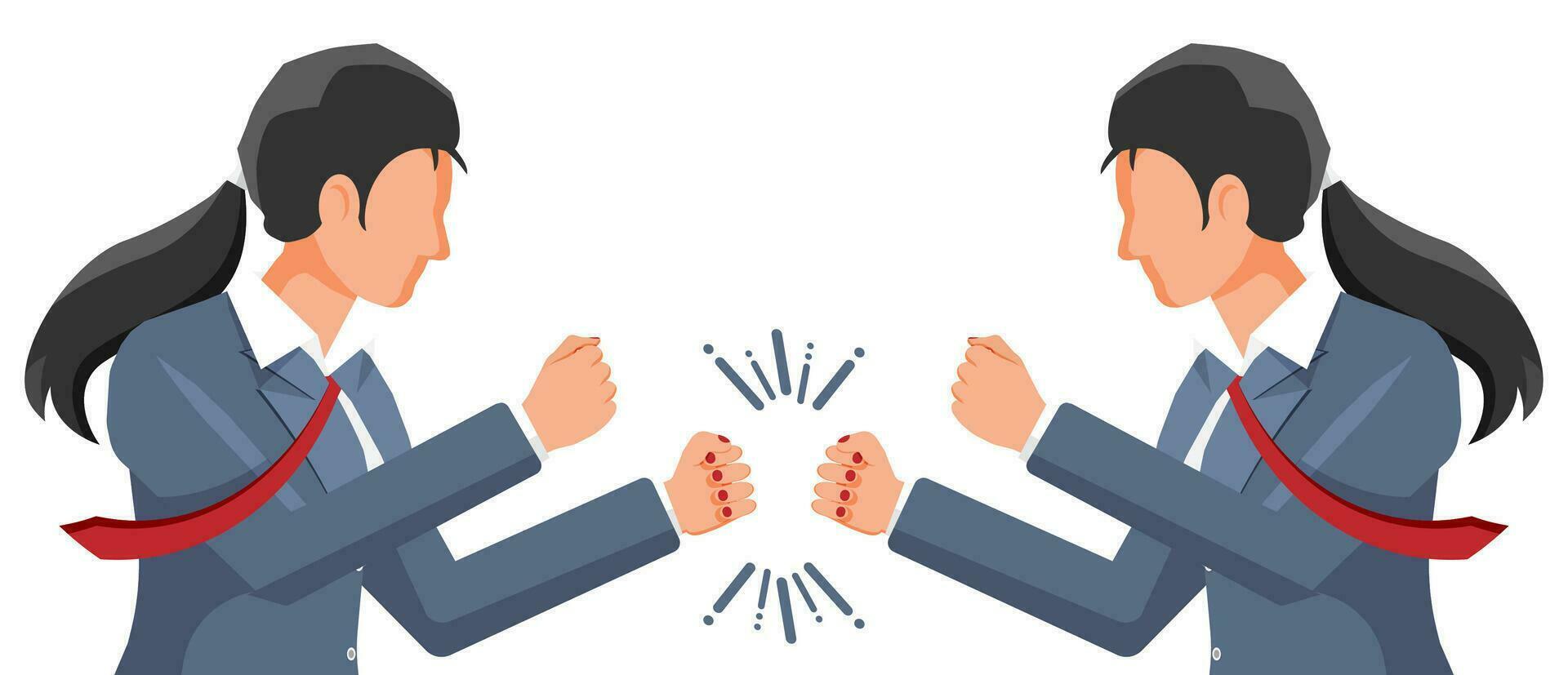 Two Businesswoman in Confrontation, Business Conflict Concept. Business People Versus Each Other. Target, Rivalry, Competition, Conflict. Debate, Disagreement. Flat Vector Illustration