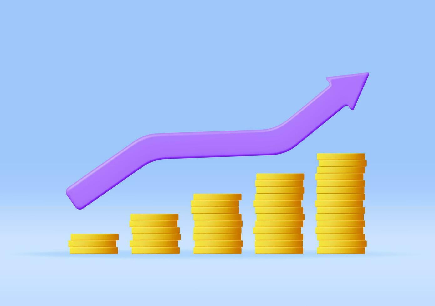 3D Growth Stock Chart Arrow with Golden Coins. Render Stock Arrow with Money Shows Growth or Success. Financial Item, Business Investment Financial Market Trade. Money and Banking. Vector Illustration