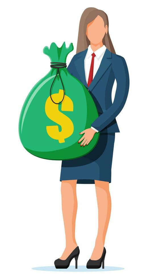 Businesswoman holding large bag full of money. Business woman with big heavy sack full of cash. Growth, income, savings, investment. Symbol of wealth. Business success. Flat style vector illustration.