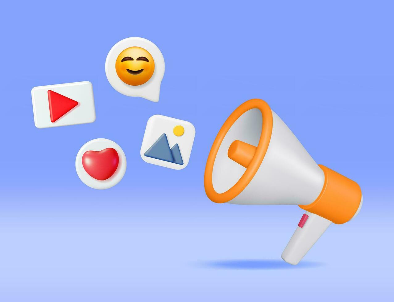 3D Megaphone with Flying Social Media Icons. Render Like, Image, Message and Video Sign and Loudspeaker. Chat, Image, Video Social Network Symbols Concept. Vector Illustration