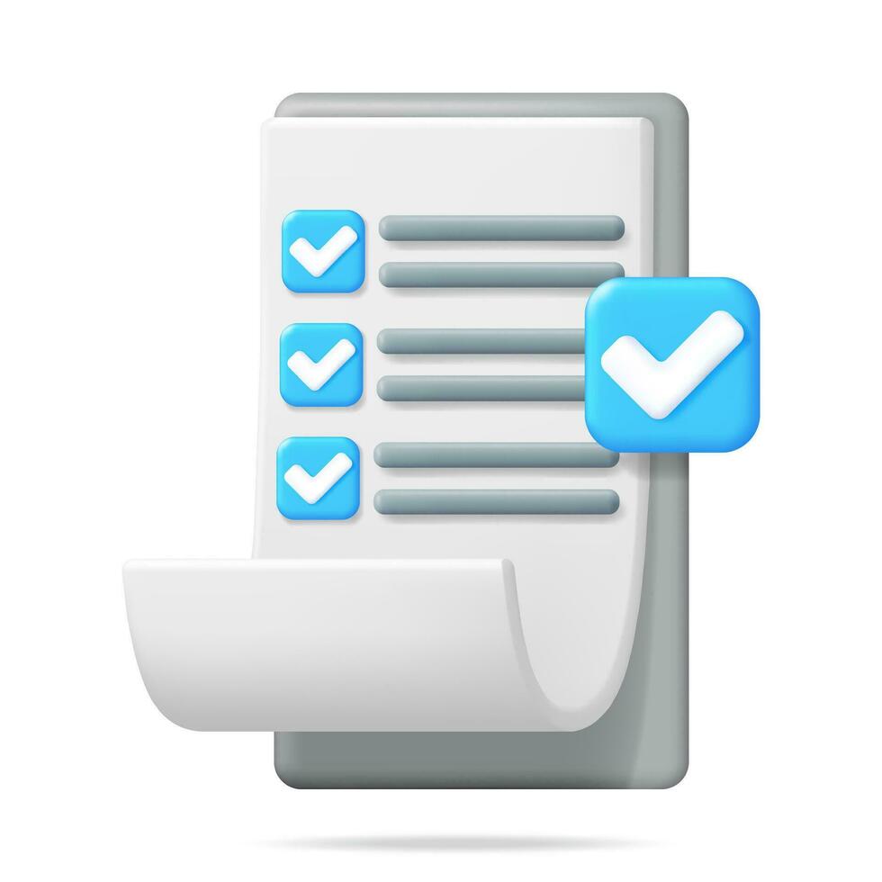 3D Paper Clipboard Holder with Checklist Symbol. Clipboard with Paper Sheet and Blue Check Mark Icon. Checkmark Tick Confirmation. Right Choice. Agreement, Approval or Trust. Vector Illustration