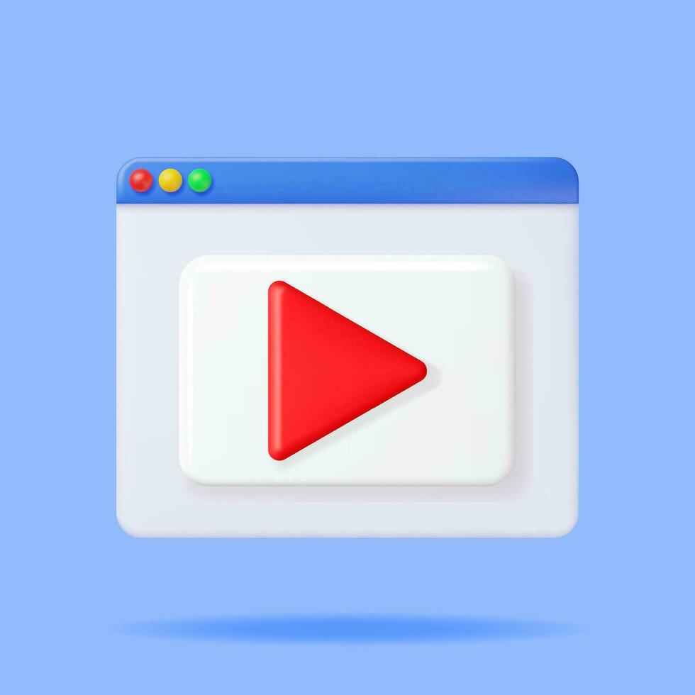 3D Play Button in Browser Window. Render White Square with Red Triangle Inside. Simple Icon of Web Player. Social Media, Web Multimedia, Movie and Music. Video, Audio and VLOG. Vector Illustration