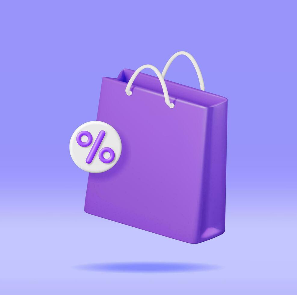 3D Shopping Bag with Percent Sign Isolated. Render Realistic Gift Bag. Sale, Discount or Clearance Concept. Online or Retail Shopping Symbol. Fashion Handbag. Vector Illustration