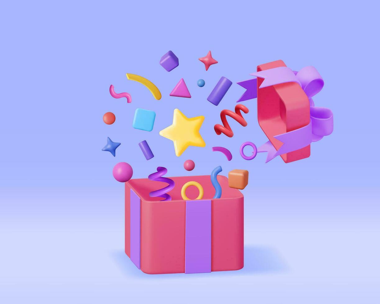 3D Open Gift Box With Falling Confetti. Render Present Box Surprice. Christmas. New Year Sale, Shopping. Present Box with Bows Ribbons. Giftbox for Valentine, Birthday and Holiday. Vector Illustration