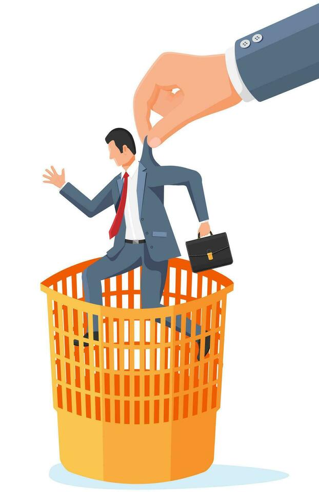 Big Hand Throwing Businessman Into Trash Can. Useless Person, Staff Reduction Concept. Fired, Dismissal of Employees, Unemployment Problem. Cartoon Flat Vector Illustration