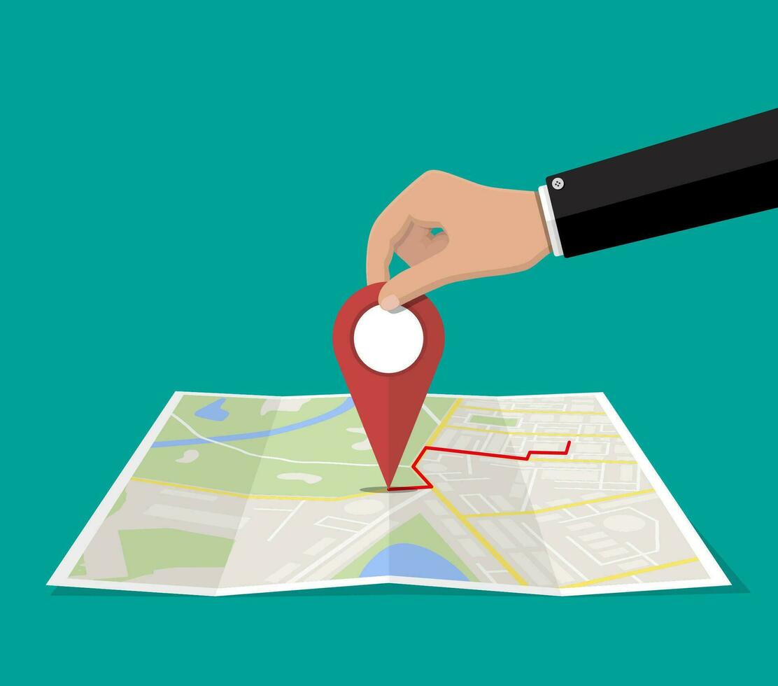 Location pin in hand and paper map. City map with houses, parks, streets and roads. City aerial view. GPS, navigation and cartography. Vector illustration in flat style