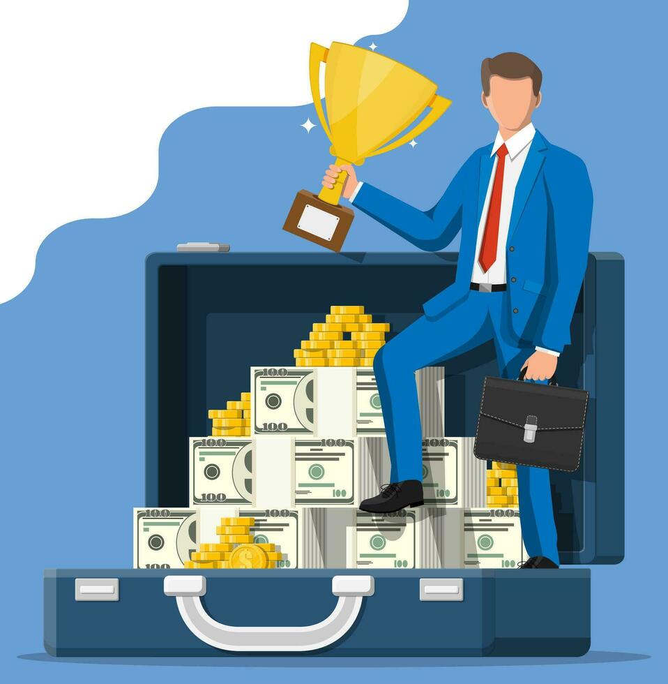 Successful businessman in suitcase with dollar and coins holding trophy, celebrates his victory. Business success, triumph, goal or achievement. Winning of competition. Vector illustration flat style