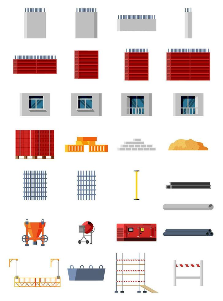 Set of Construction Materials and Equipment. Bricks, Wooden Planks, Sand, Concrete Mixer, Mobile Power Supply. Building Materials. Stack of Blocks, Metal Roof, Tile, Pipes. Flat Vector Illustration