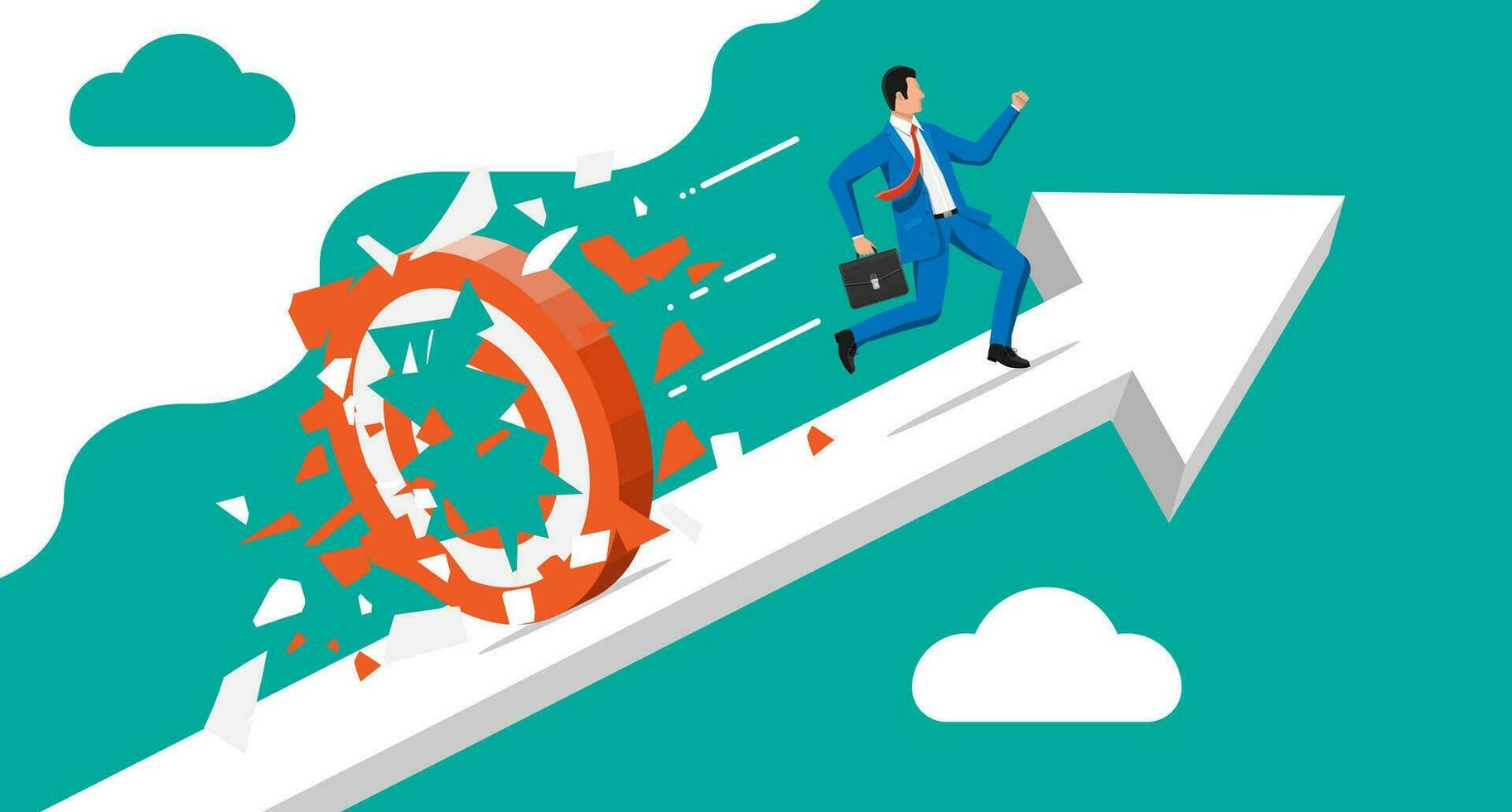 Businessman running and breaking target. Business man in suit with briefcase. Goal setting. Smart goal. Business target concept. Achievement and success. Vector illustration in flat style
