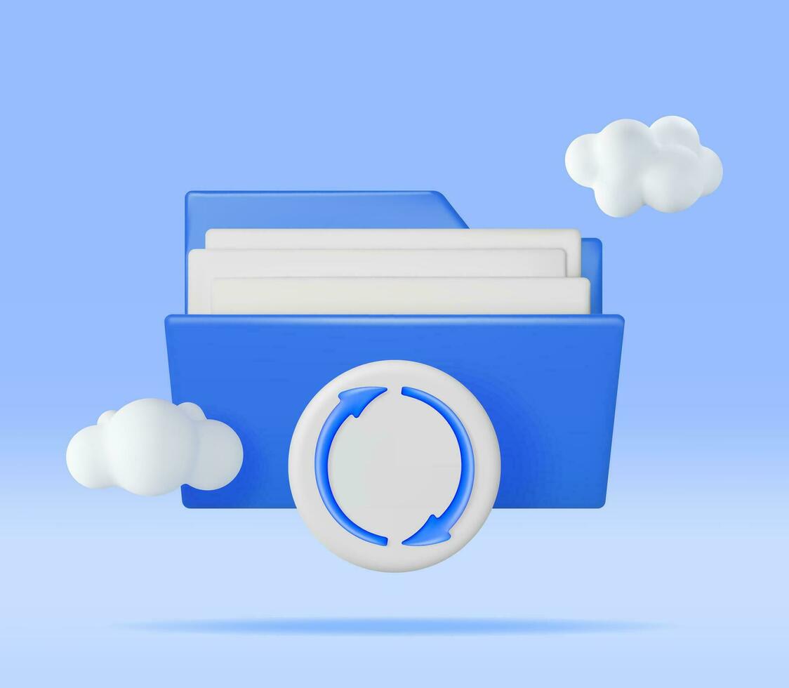 3D Blue Folder in Clouds with File Sync Icon Isolated. Render Computer File Folder with Synchronization Cloud. Data Center, Cloud Storage Concept. Online Backup. Internet Archive. Vector Illustration