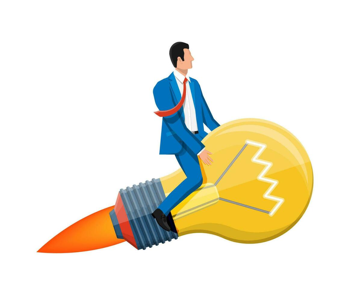 Successful businessman sits on flying rocket light bulb. Concept of creative idea or inspiration, business start up. Glass bulb with spiral in flat style. Vector illustration