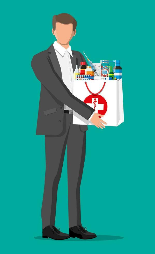 Man holding drugstore bag. Set of bottles, tablets, pills, capsules and sprays for illness and pain treatment. Medical drug, vitamin, antibiotic. Healthcare and pharmacy. Flat vector illustration