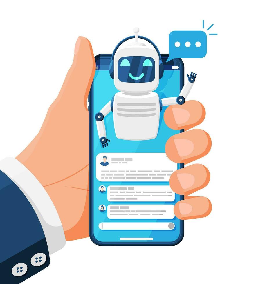 Smartphone with Chat Bot Speak in Bubble on Screen. Robot with Speech Window. Chatbot Greets. Online Support Bot. Artificial Intelligence, AI Helper Service Support Assistant. Flat Vector Illustration