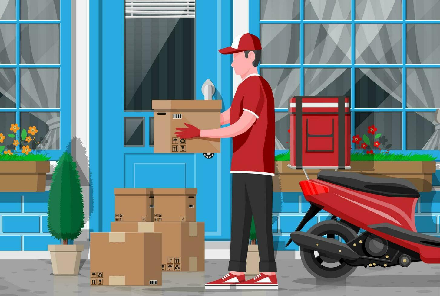 Man left cardboard boxes with goods near house facade. Courier character holds parcel. Carton delivery packaging closed box with fragile signs. Free and fast shipping. Cartoon flat vector illustration
