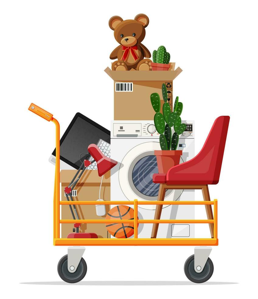 Hand truck and package for transportation. Moving to new house. Family relocated to new home. Paper cardboard boxes with various household thing. Vector illustration in flat style