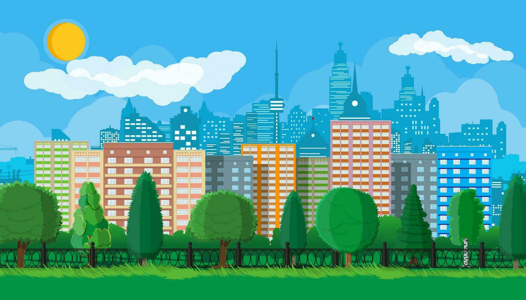 City park concept. Urban forest panorama with fence. Cityscape with buildings and trees. Sky with clouds and sun. Leisure time in summer city park. Vector illustration in flat style