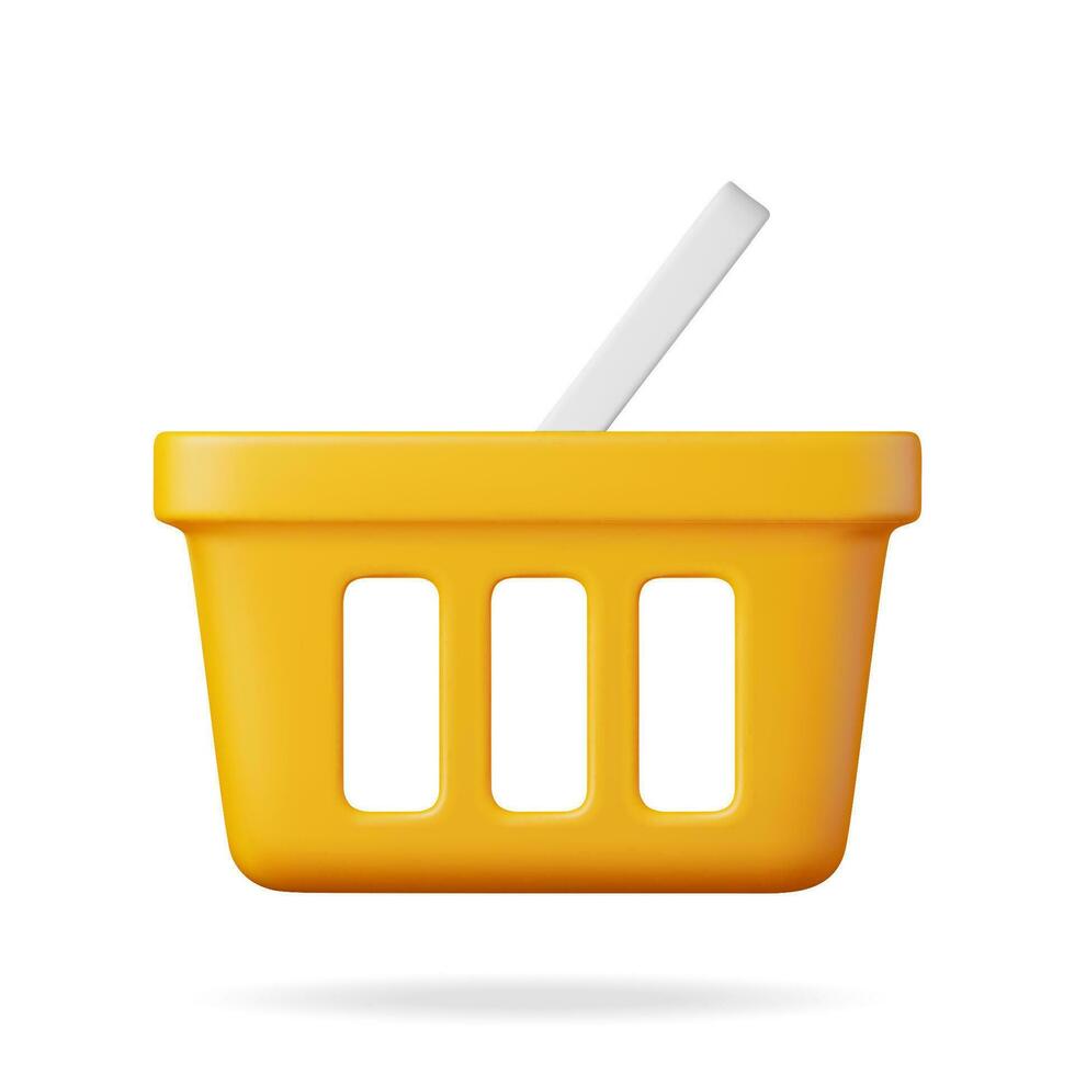 3D Orange Plastic Shopping Basket Isolated on White. Render Realistic Shopping Cart Icon. Empty Shopping Supermarket Basket Front View. Cartoon Vector Illustration