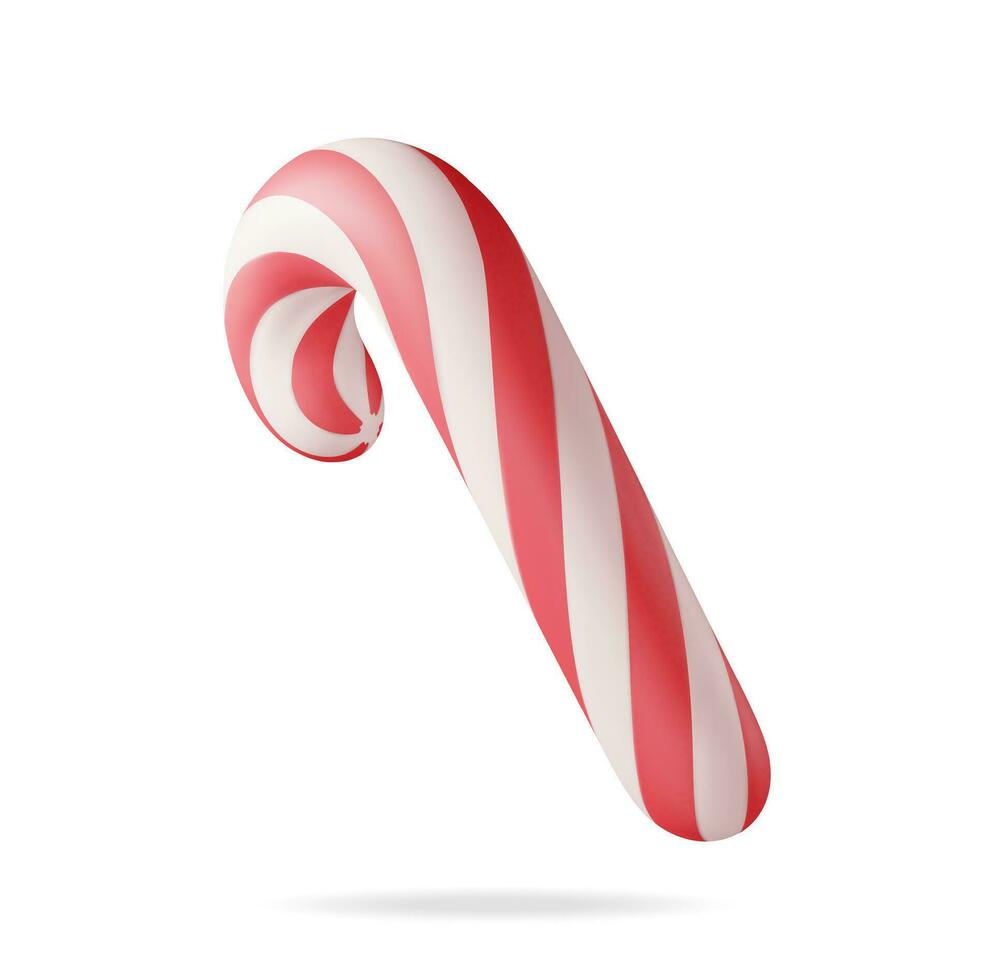 3D Realistic Candy Cane Isolated. Render Christmas Candy. Lollipop Stick Sweetness Candycane. Happy New Year Decoration. Merry Christmas Holiday. New Year and Xmas Celebration. Vector Illustration