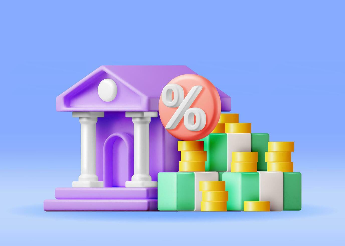 3D Growth Bank with Building Cash Money. Render Bank with Money and Percentage Symbol. Financial, Business Investment Financial Market Trade. Money and Banking. Vector Illustration