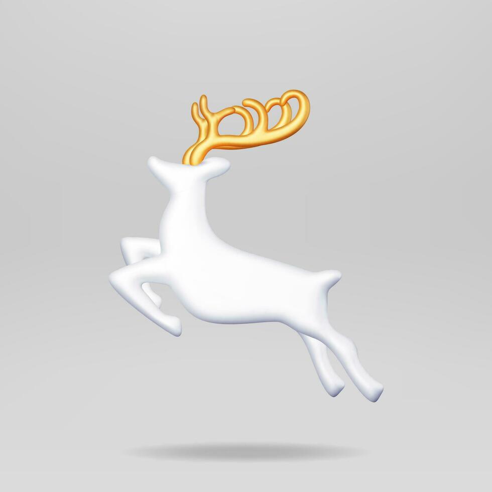 3D Christmas Deer Statue Isolated. Render Ceramic Gold Deer Figurine. Cute Deer with Antlers. Happy New Year Reindeer Decoration. Merry Christmas Holiday New Year Xmas Celebration. Vector Illustration