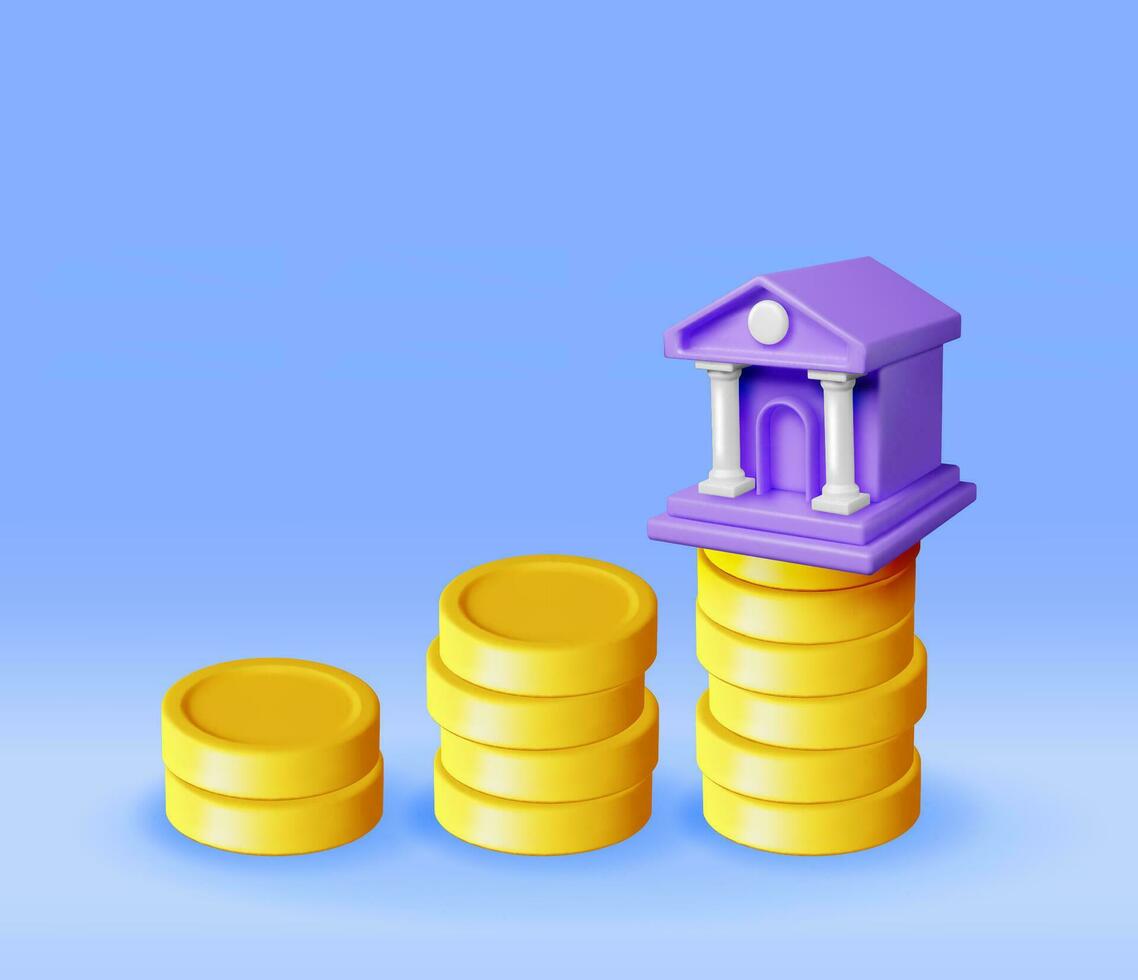 3d banco edificio y efectivo dinero. hacer financiero casa icono. construcción con columnas en antiguo diseño. dinero depositar y retiro, financiero actas Servicio bancario. vector ilustración