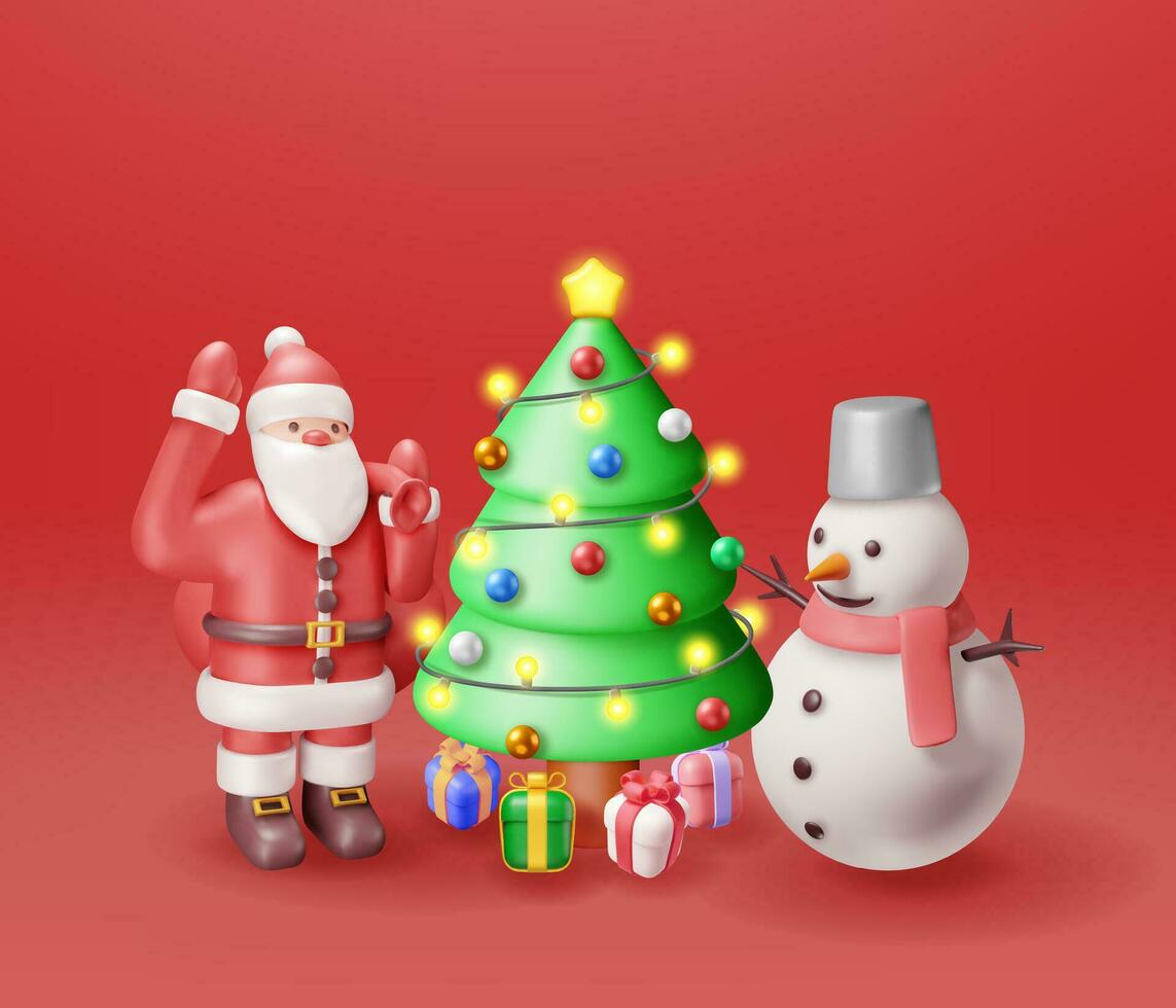 3D Santa Claus with Gift Bag, Snowman and Christmas Tree. Render Happy New Year Decoration. Merry Christmas Holiday. New Year and Xmas Celebration. Realistic Vector Illustration