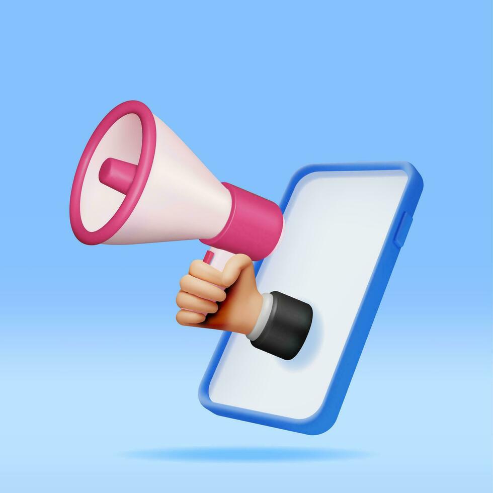 3D Megaphone in Smartphone Isolated. Render Plastic Megaphone Realistic and Phone. Modern Bullhorn or Loudspeaker. Social Media, Announcement Message, Marketing, Job, Attention. Vector Illustration